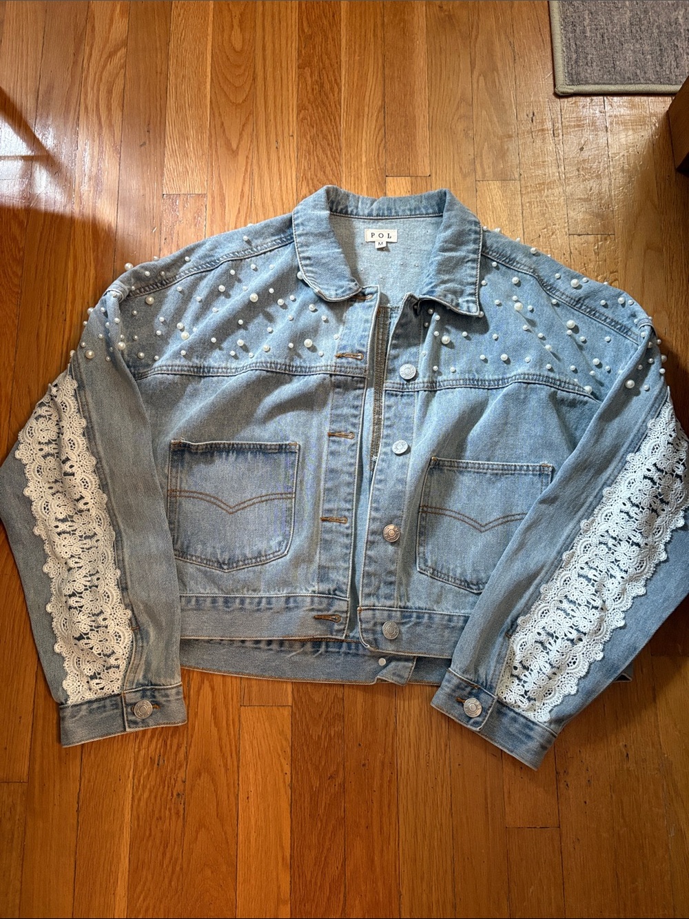 POL Light Blue Denim Jacket with Pearl Studs & White Lace Sleeves